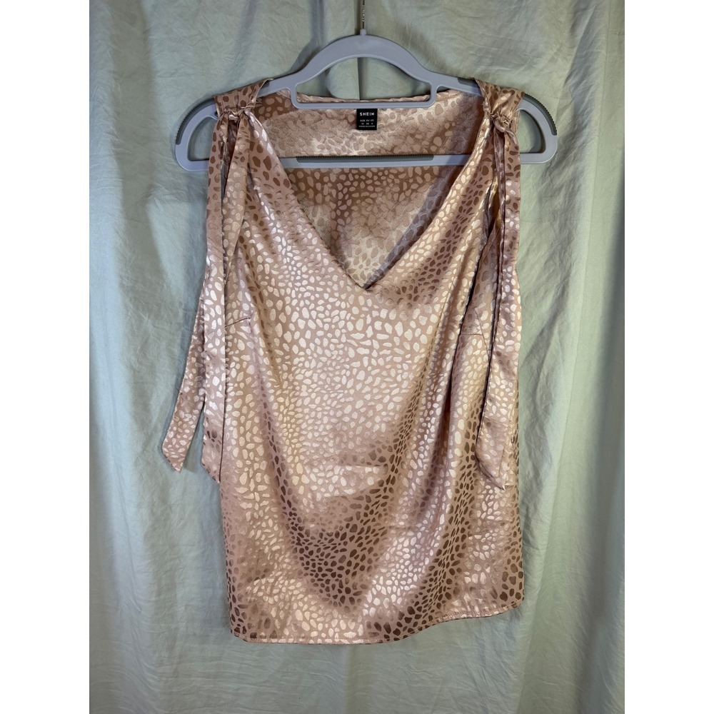 Shein Women Rose Pink Jacquard Cheetah Animal Print Shoulder Tie V-Neck Blouse M